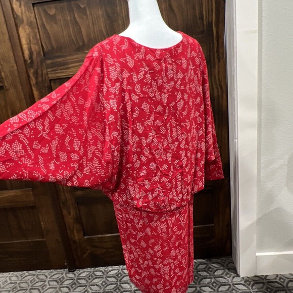 Vintage Red Dress Warren Z Dolman Sleeves Geometric Pattern 80s Midi - Picture 5 of 9